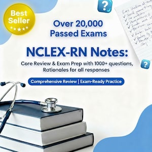 May include: Image features a stack of three books with a stethoscope resting on top. The text reads "NCLEX-RN Notes" and "Over 20,000 Passed Exams." A "Best Seller" badge is in the upper left corner. The image is designed for exam preparation.