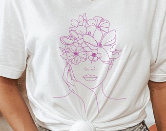 Floral Female Line Art T-Shirt, Line Art shirt, Face Line Tee, Pink Graphic Tee, Minimalist Shirt, Gift for Her, Pink Floral Shirt