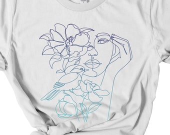 Female and Bird Line Art T-Shirt, Face Line Shirt, Graphic Tee, Minimalist Shirt, Line Art Tee, Bird Shirt, Women Empowerment, Gift for Her