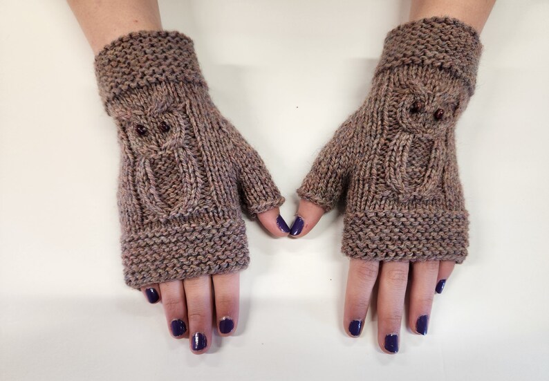 Owl Wool Fingerless Mitts Hand Knit Wrist Warmers image 1