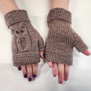 Owl Wool Fingerless Mitts Hand Knit Wrist Warmers image 3