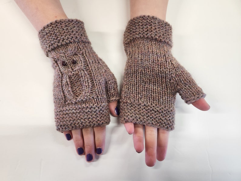 Owl Wool Fingerless Mitts Hand Knit Wrist Warmers image 3