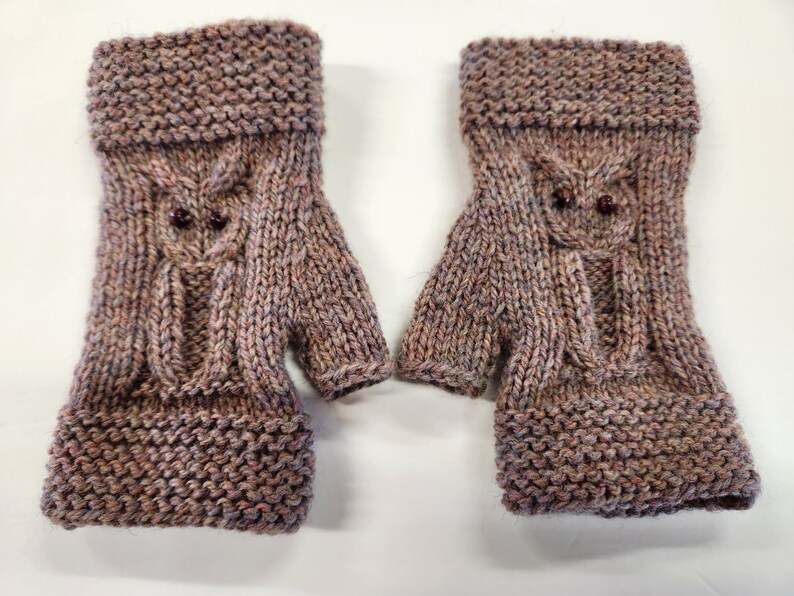 Owl Wool Fingerless Mitts Hand Knit Wrist Warmers image 5