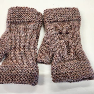 Owl Wool Fingerless Mitts Hand Knit Wrist Warmers image 6
