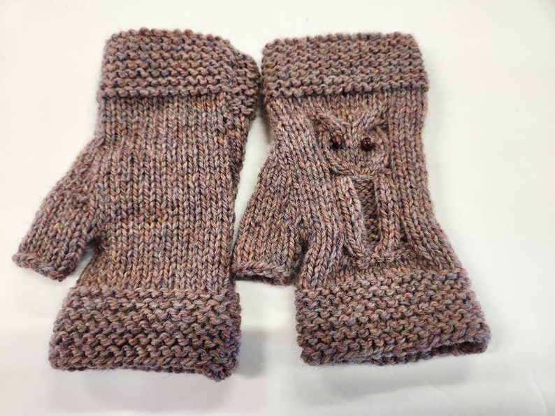 Owl Wool Fingerless Mitts Hand Knit Wrist Warmers image 6