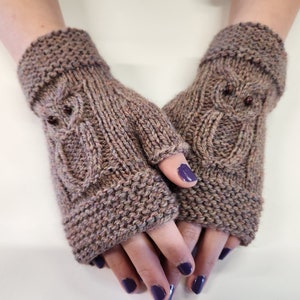 Owl Wool Fingerless Mitts Hand Knit Wrist Warmers image 2