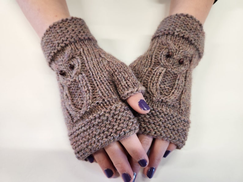 Owl Wool Fingerless Mitts Hand Knit Wrist Warmers image 2