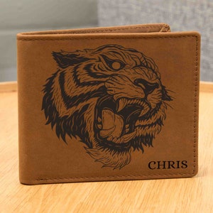 Carteira personalizada com nome ou iniciais presentes para homens carteira de nome gráfico de leopardo carteira de couro masculina presente carteira fina de tigre presente para o pai homens