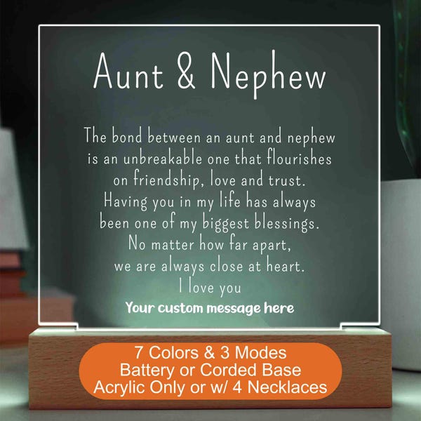 Spersonalizowane prezenty dla cioci i siostrzeńca. Spersonalizowana tabliczka akrylowa z oświetleniem LED. Niepowtarzalny prezent dla cioci. Lampka nocna LED. Prezent urodzinowy dla siostrzeńca.