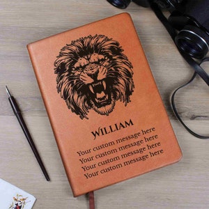 Caderno personalizado com nome Diário de couro personalizado para homens Presentes Caderno de monograma de leão Diário masculino Presente Diário de metas Presente personalizado