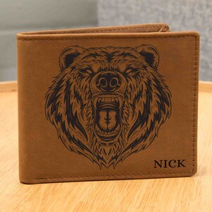 Cartera de cuero para hombre, regalo para hombre oso, cartera personalizada con nombre o iniciales, regalo para él, cartera con nombre de oso, cartera plegable personalizada, regalos para hombres