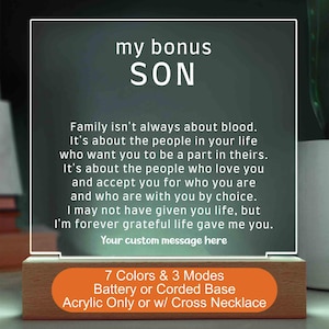 Regalo personalizado para hijo extra Placa acrílica personalizada con luz LED Collar con cruz Regalo único para hijo extra Luz de noche para mi hijo Lámpara de noche para hijo