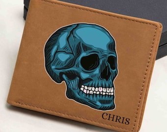 Mens Leather Wallet Gift Skull Personalized Wallet with Name or Initials Gift for Him Skeleton Name Wallet Custom Bifold Wallet Gifts Men