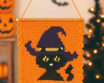 Mönster för virkad väggbonad med häxkatt: Spöklik Halloweendekoration (PDF)