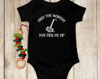 Only The Worthy May Pick Me Up Baby Bodysuit, Funny Baby Clothes, Cute Baby Outfit, Superhero, Newborn Outfit, Viking Baby Announcement