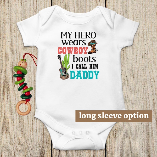 Cowboy Baby Bodysuit, My Hero Wears Cowboy Boots, Daddy Cowboy, Funny Baby Clothes, Cute Baby Outfit, Western, Country, Baby Announcement