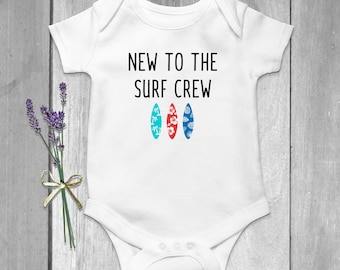 New To The Crew, Surf Baby Bodysuit, Surfing Baby Clothes, Cute Baby Outfit, Future Surfer, Beach Baby, Newborn Outfit, Baby Announcement