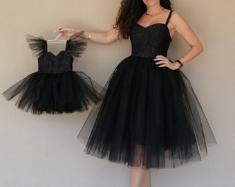 Mommy and Me Black Glitter Tulle Tutu Dress, Matching Birthday Outfit