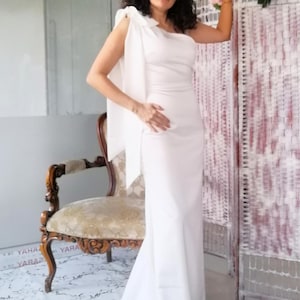Satin One Shoulder Tie ivory wedding dress, Train Satin Dress