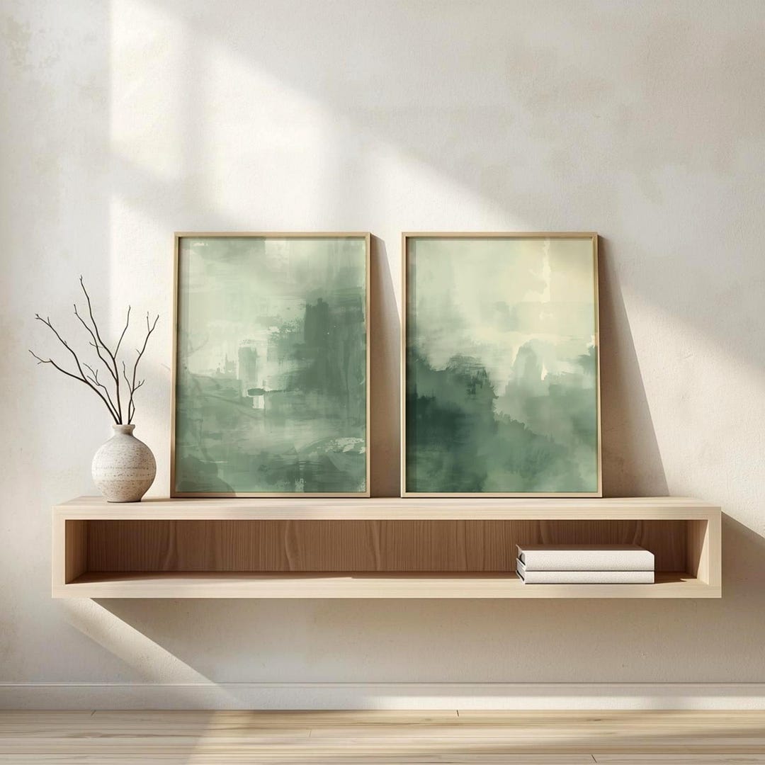 Green Wabi Sabi Wall Art Set of 2 , Abstract Minimalist Diptych ...