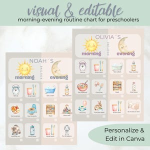 Könnte beinhalten: Zwei druckbare Morgen- und Abendroutine-Diagramme für Vorschulkinder. Die Diagramme zeigen Illustrationen von täglichen Aktivitäten wie Zähneputzen und Frühstück. Der Text auf den Diagrammen lautet "NOAH'S" und "OLIVIA'S". Das Bild enthält auch den Text "Personalize & Edit in Canva."