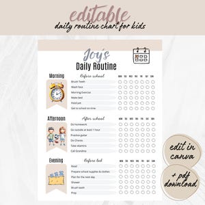 Könnte beinhalten: Ein druckbares tägliches Routine-Diagramm für Kinder, mit einem weichen beigefarbenen Hintergrund. Das Diagramm ist in Morgen-, Nachmittags- und Abendabschnitte unterteilt, mit Kontrollkästchen für jede Aufgabe. Der Text enthält "Joy's Daily Routine" und "editable daily routine chart for kids".