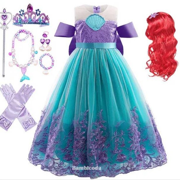 2023 nuevo vestido de princesa Ariel de la sirenita, conjunto de traje de sirena Ariel, vestido de princesa para niñas pequeñas, vestido de fiesta de cumpleaños para niñas, vestido