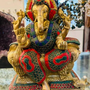 Large Ganesha Brass Statue Mosaic Stonework, Relaxing Elephant Hindu God Sculpture, Good Luck Handcrafted Ganesh Figurine, Spiritual Decor