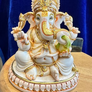 Statua del Signore Ganesha, 19 cm Marmo coltivato dipinto a mano, dio della buona fortuna, Statua di Ganesha Nuovo inizio, Piccolo Signore Vinayaka,