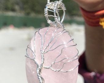 Rose Quartz Necklace, Wire Wrapped Pendant Necklace