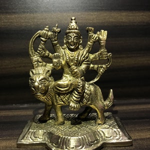 Messing Durga Maa Statue: Kleines Durga Devi Idol mit Löwe