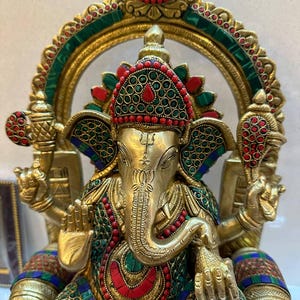 Large Brass Ganesha Idol on Singhasan - 43CM Ganpati Sculpture for Home Temple, Elegant Brass Ganesh Statue on Throne - Hindu God of Luck