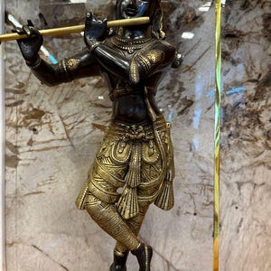 Large Brass Krishna Statue: Handcrafted Hindu God Idol with Flute
