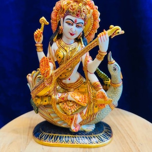 Hindu Goddess of Music Art |Cultured Marble Savitri | Veena Saraswati Idol | wife of Brahma |Music God