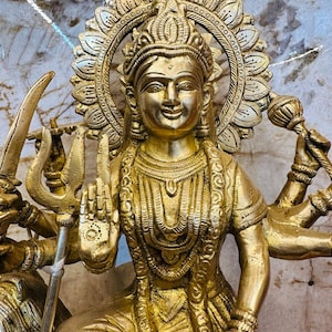 Large Brass Durga Statue: Hindu Goddess of War, Shakti Deity