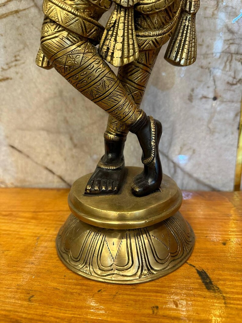 Large Brass Krishna Statue Colorful Krishna With Flute and Stone Work