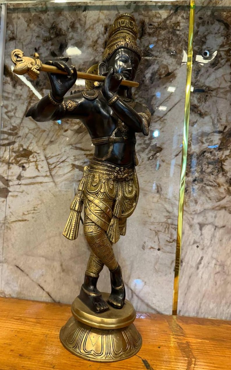 Large Brass Krishna Statue Colorful Krishna With Flute and Stone Work