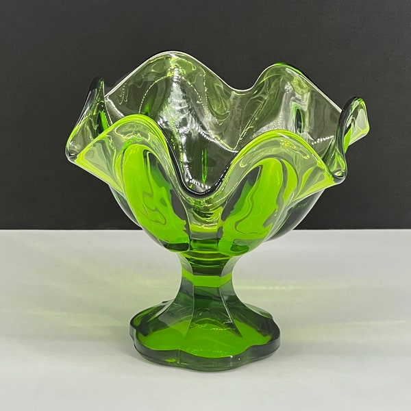 L.E. Smith Art Glass Sockel Kompottschale gekräuselt Emerald Green Simplicity Pattern
