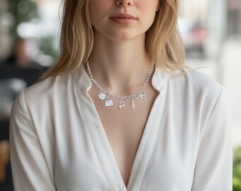 Collana con ciondolo in argento e acciaio, ciondolo a catena, regalo bohémien, gioiello per lei