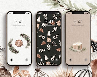 15 Christmas iPhone Wallpaper, Watercolor Cookie iPhone Wallpaper Aesthetic, Natural Color Xmas Lockscreen