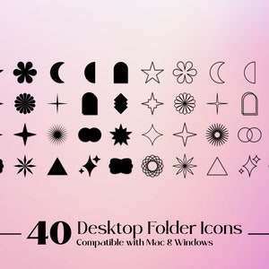 May include: A set of 40 black and white desktop folder icons. The icons include stars, flowers, moons, arches, diamonds, and other geometric shapes. The icons are compatible with Mac and Windows.