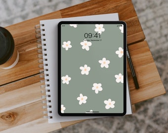 Green Daisy Flower iPad Wallpaper, Green Floral iPad Wallpaper, Boho iPad Wallpaper, Neutral Calm iPad Background, Aesthetic iPad Lockscreen