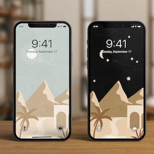 2 Day and Night Desert Landscape iPhone Wallpaper Digital Download, Boho iPhone Wallpaper, Beige iPhone Background