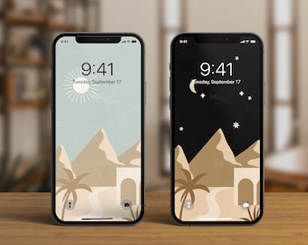 2 Day and Night Desert Landscape iPhone Wallpaper Digital Download, Boho iPhone Wallpaper, Beige iPhone Background