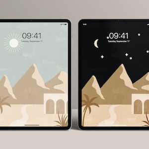 2 Day and Night Desert Landscape iPad Wallpaper Digital Download, Boho iPad Wallpaper, Cream Beige Black iPad Background