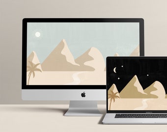 2 Day and Night Desert Landscape Desktop Wallpaper Digital Download, Boho Desktop Wallpaper, Beige Desktop Background