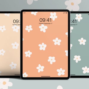 May include: Three iPad screens displaying different color backgrounds with a white daisy pattern. The time is displayed on each screen: 09:41, 09:41, and :41. The date is displayed on two of the screens: Tuesday, September 17.