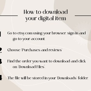May include: A beige and white graphic with black text explaining how to download a digital item from Etsy. The steps are numbered 1 through 4. The text includes the phrase "Purchases and reviews" and "Download Files".