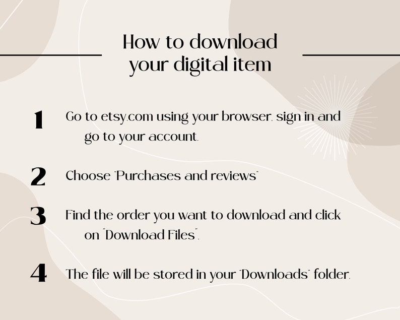 May include: A beige and white graphic with black text explaining how to download a digital item from Etsy. The steps are numbered 1 through 4. The text includes the phrase "Purchases and reviews" and "Download Files".