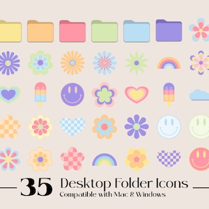 35 Pastel Retro Flower Desktop Folder Icons for Mac & PC | Mac Icons | Windows Icons | 70s Vibes Pastel Desktop Organizer Aesthetic | Bundle